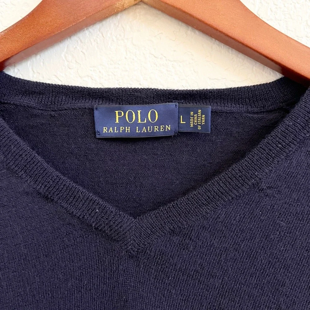 Polo Ralph Lauren 100% Merino Wool V Neck Sweater Navy‎ Blue Size L